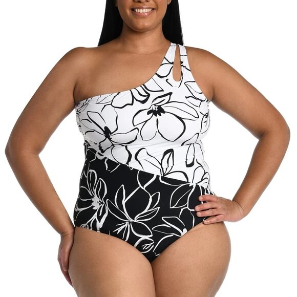 New La Blanca One Piece Swimsuit Size 22W Cut Out One Shoulder Black White - Picture 1 of 6